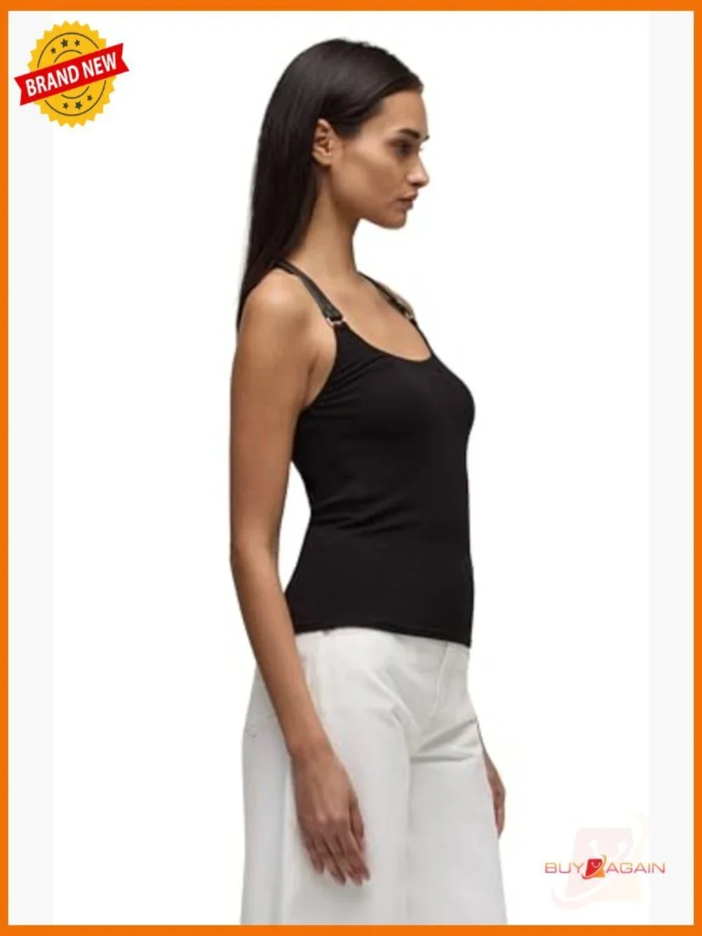Fitted Rib Knit Tank Top with Faux Leather Straps, Snap Closure